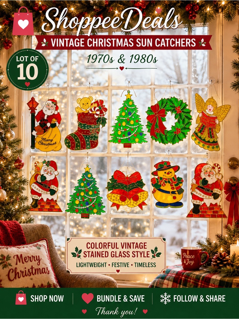 Lot of 10 Vintage 1970s 80s Christmas Stained Glass Style Plastic Suncatchers